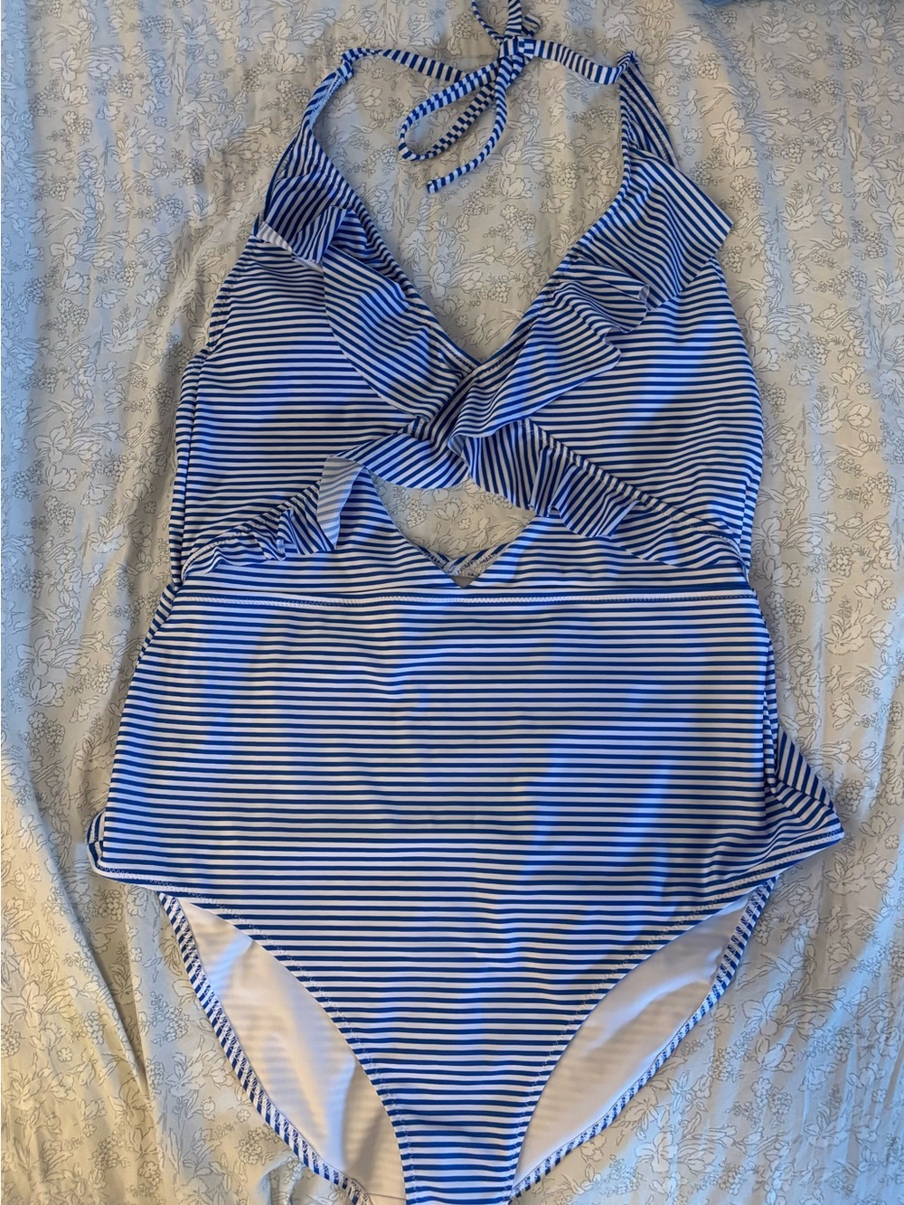 aerie Blue and White Striped Halter One-Piece Swim size XL LONG